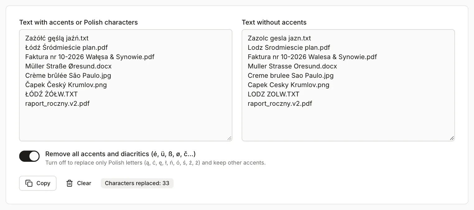 The Remove accents tool with a list of eight file names: the right box shows the names without accents, the all-accents switch is on and the counter reads “Characters replaced: 33”