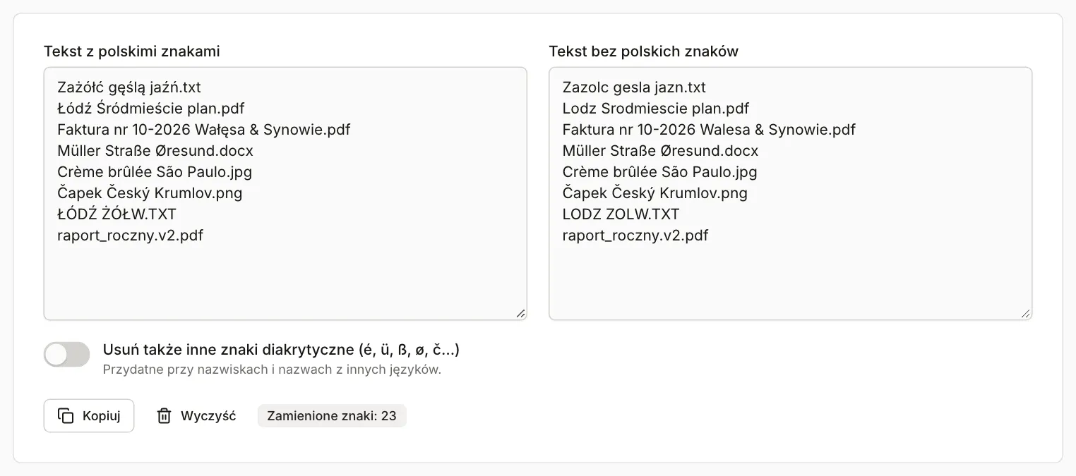 Narzędzie Usuwanie polskich znaków z listą ośmiu nazw plików: po prawej wersja bez polskich liter, niżej przełącznik wyłączony i licznik „Zamienione znaki: 23”