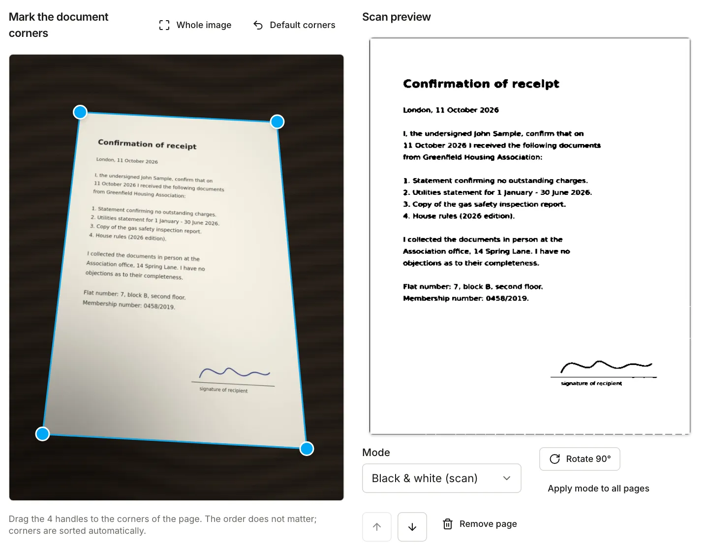 Document scanner: a page photographed at an angle with the corners marked, and the straightened black and white preview