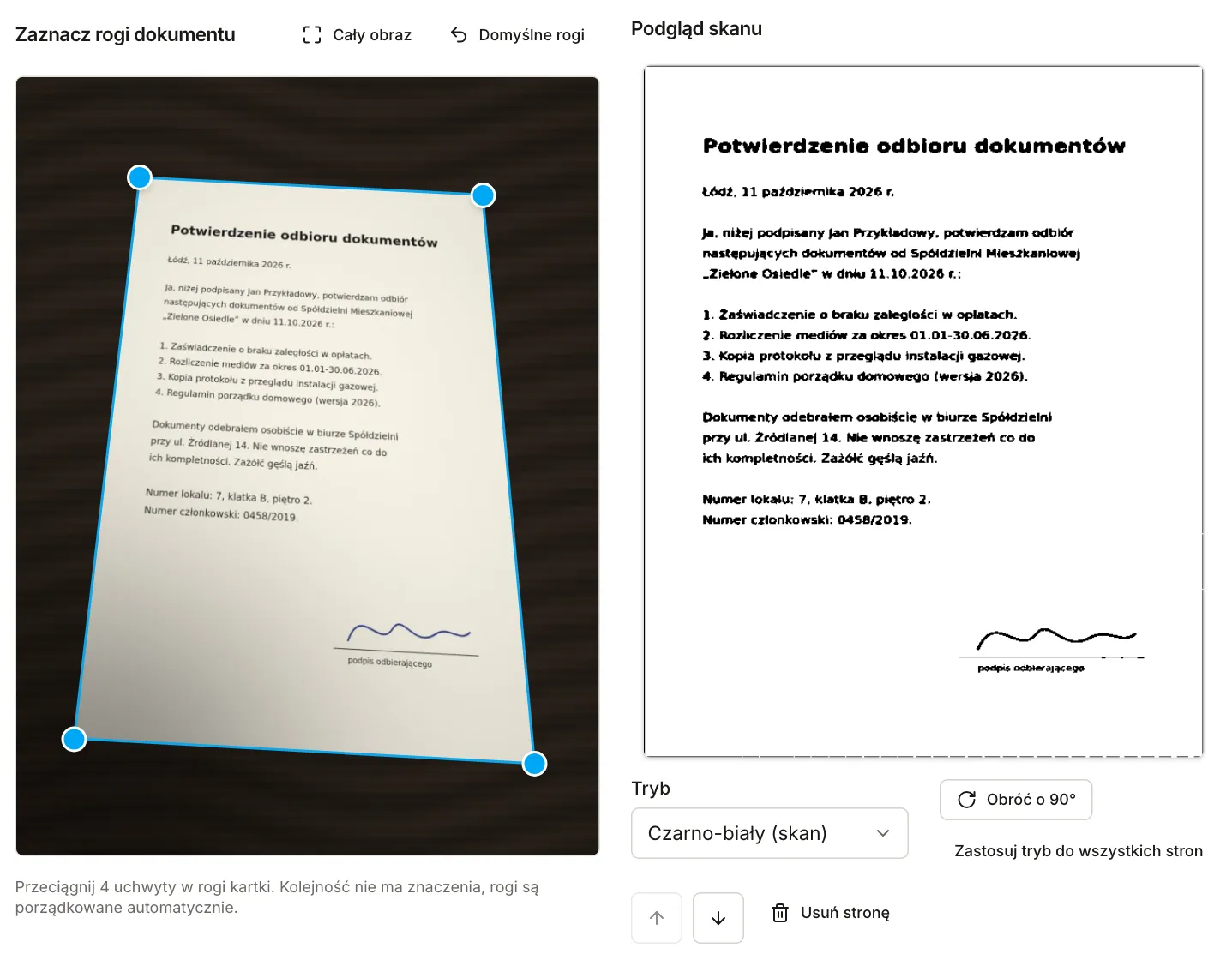 Skaner dokumentów: zdjęcie kartki pod kątem z rogami zaznaczonymi uchwytami i wyprostowany podgląd w trybie czarno-białym