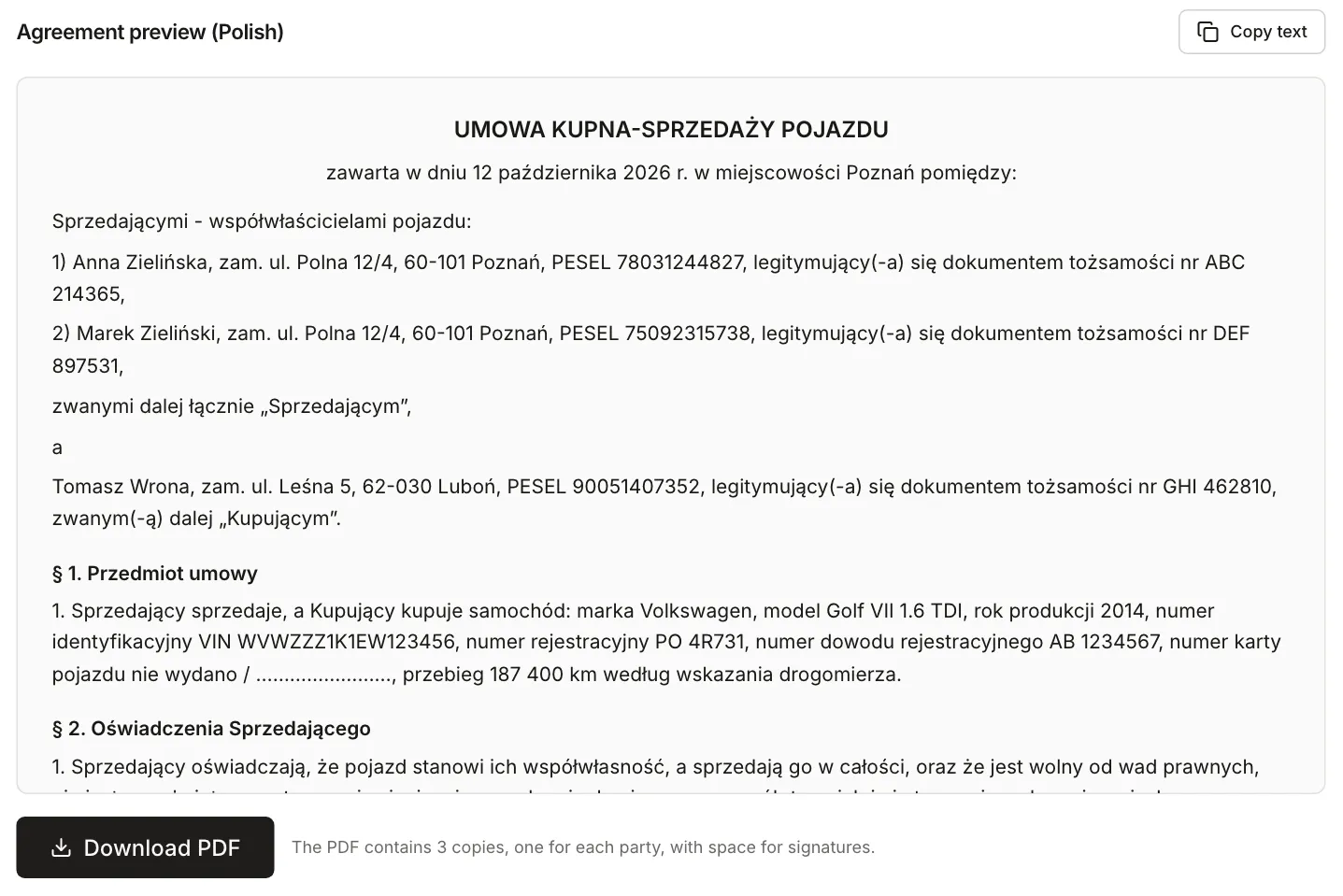 Car sale agreement generator: preview of the Polish agreement with two sellers, a Golf priced at PLN 24,500 and a Download PDF button noting three copies
