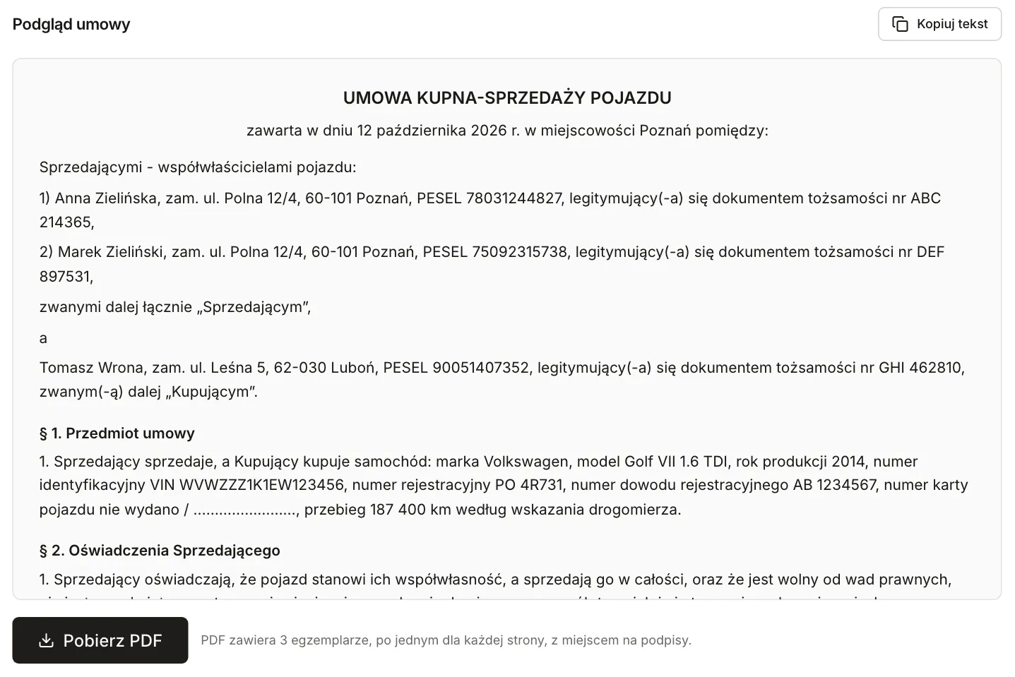 Generator umowy kupna-sprzedaży samochodu: podgląd umowy z dwoma sprzedającymi, Golfem za 24 500 zł i przyciskiem Pobierz PDF z informacją o trzech egzemplarzach