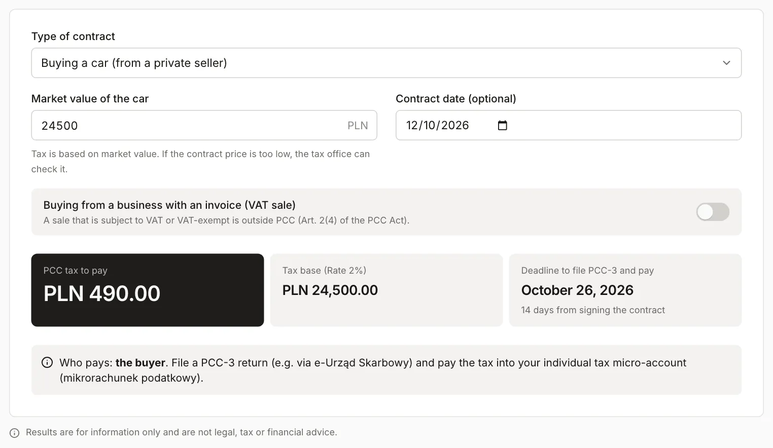 PCC tax calculator: a car at PLN 24,500, agreement dated 12.10.2026, tax PLN 490, deadline to file PCC-3 and pay on October 26, 2026
