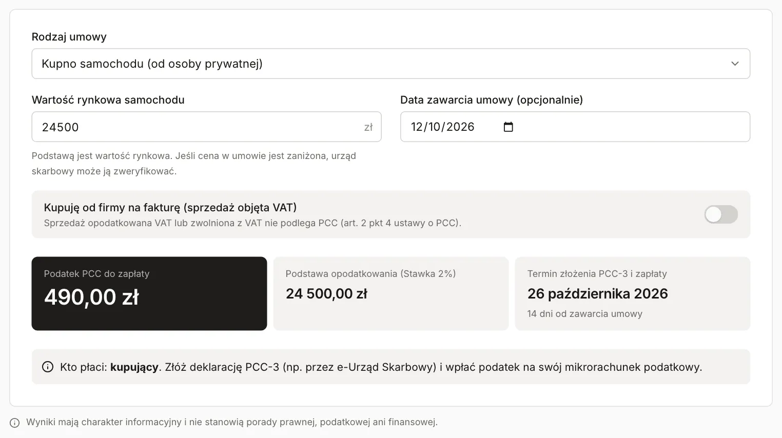 Kalkulator PCC: samochód za 24 500 zł, umowa z 12.10.2026, podatek 490 zł, termin złożenia PCC-3 i zapłaty 26 października 2026