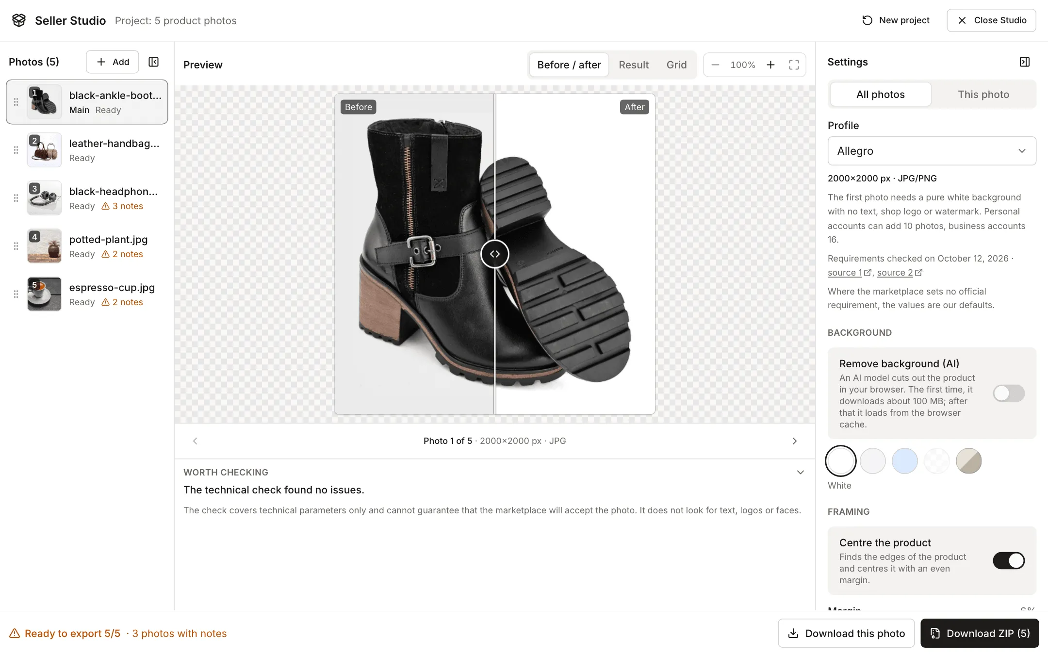 Seller Studio with five photos in the Allegro profile: before and after preview of black ankle boots, with the light grey photo background on the left and a clean white background on the right, and an empty Worth checking section below