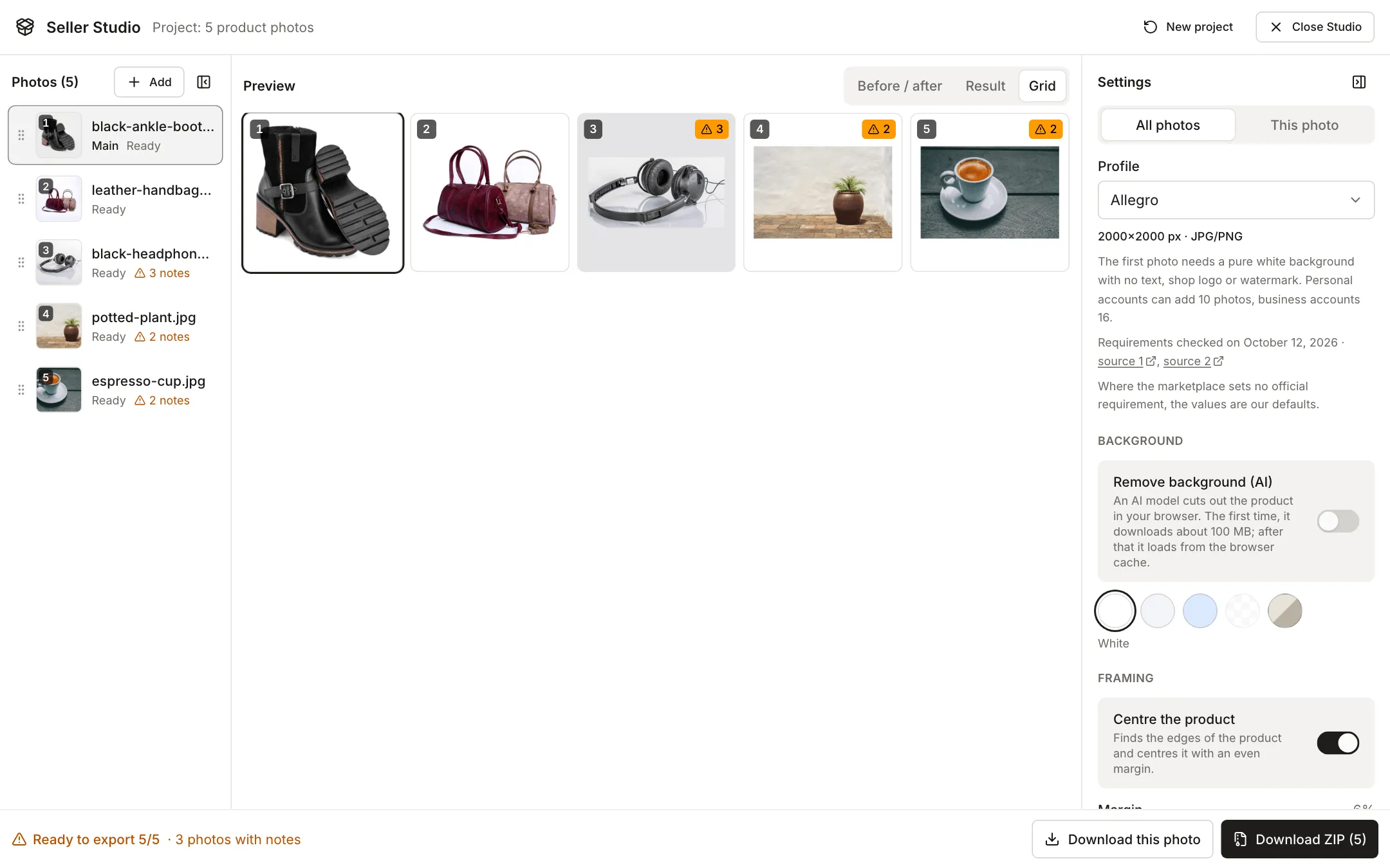 Grid view in Seller Studio: five results side by side in the Allegro profile, each with a number; the boots and handbags have no notes, the headphones on a grey background have three notes, and the potted plant and the espresso cup have two each; the bar at the bottom reads Ready to export 5/5 and 3 photos with notes