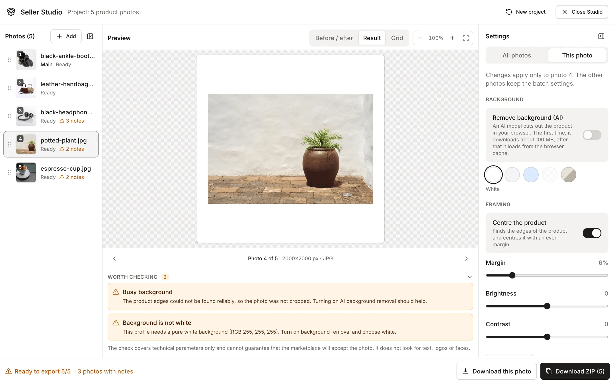 This photo tab for the potted plant against a plastered wall: the result shows the whole wall and the bricks on white, and two notes under the preview, Busy background and Background is not white