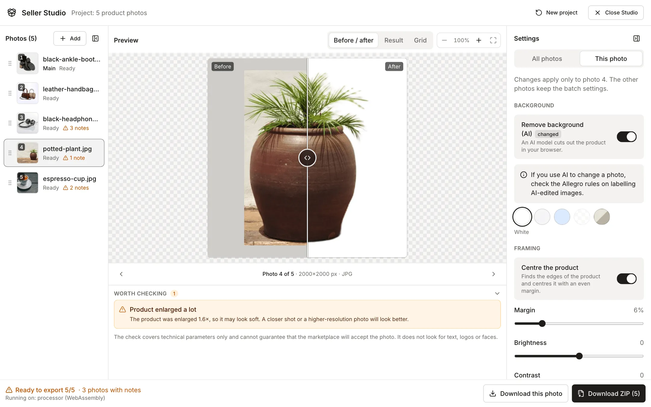 This photo tab for the potted plant after turning on Remove background (AI): the before and after preview shows the original with the wall and bricks on the left and the pot with the plant on a clean white background on the right, and one note below, Product enlarged a lot