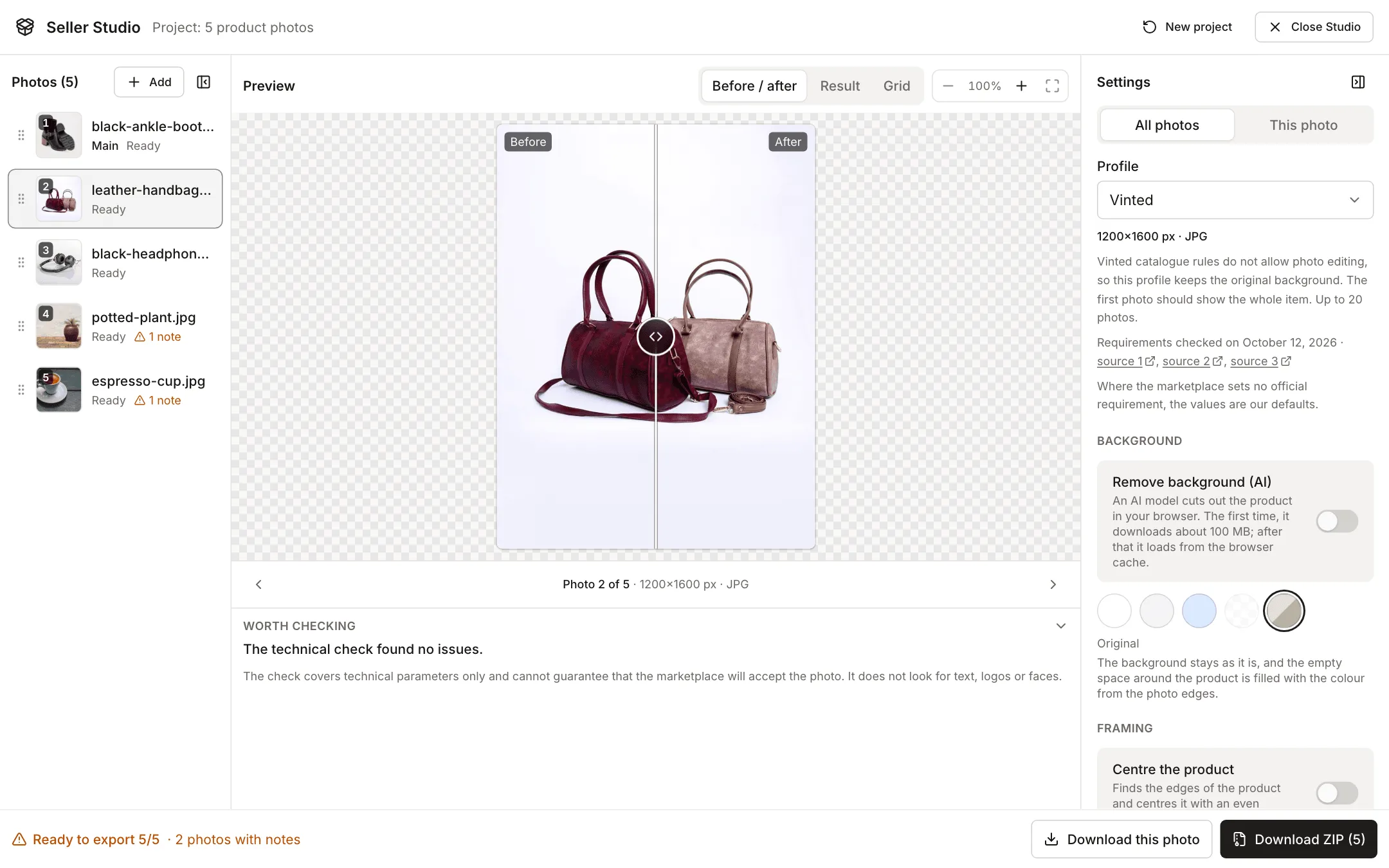 Vinted profile in Seller Studio: the photo of two handbags looks the same before and after, because the background stays original, and the settings panel shows the profile description and the Original background selected