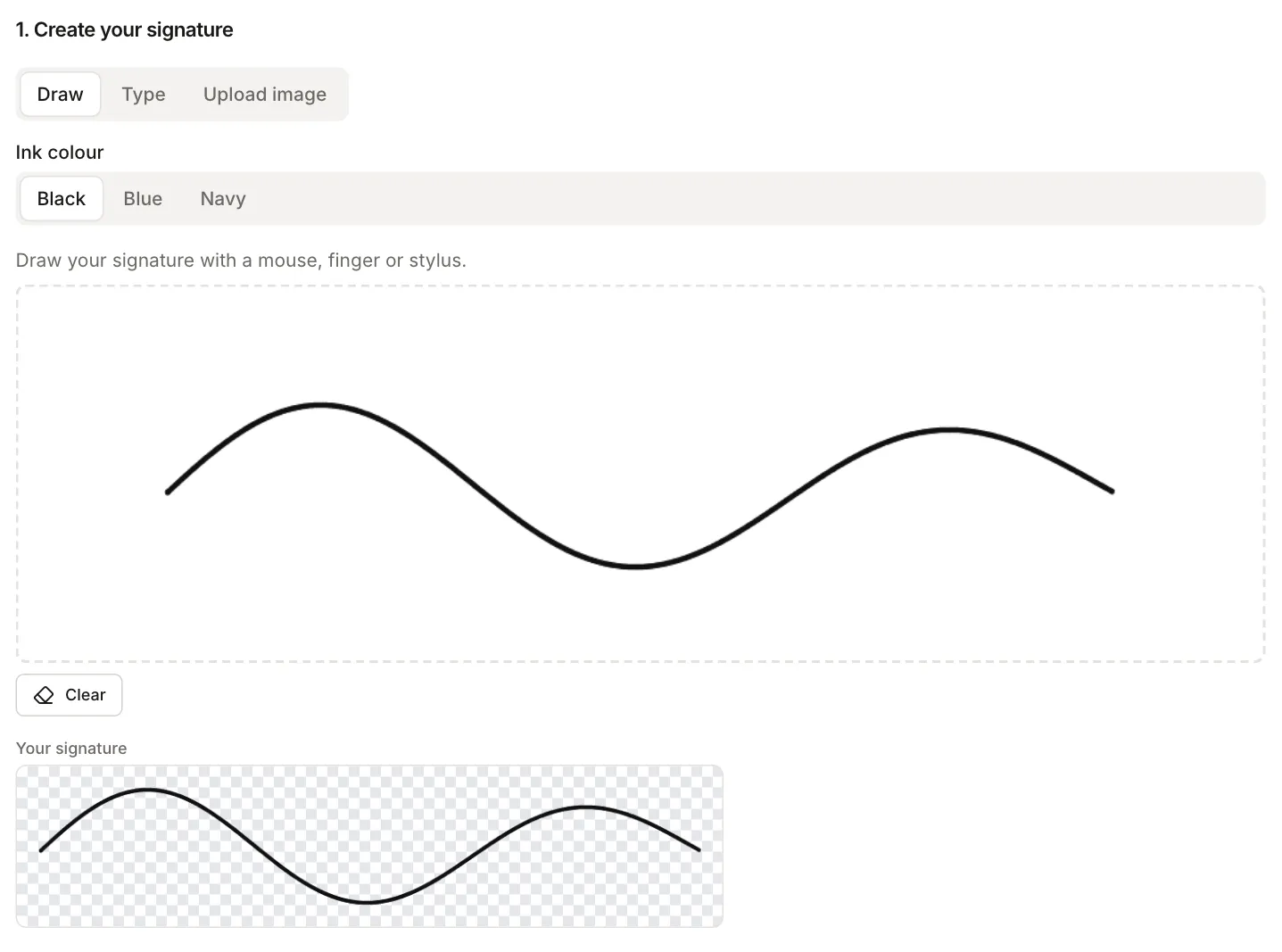 Sign PDF: the drawing area with a test stroke and the signature preview on a transparent background