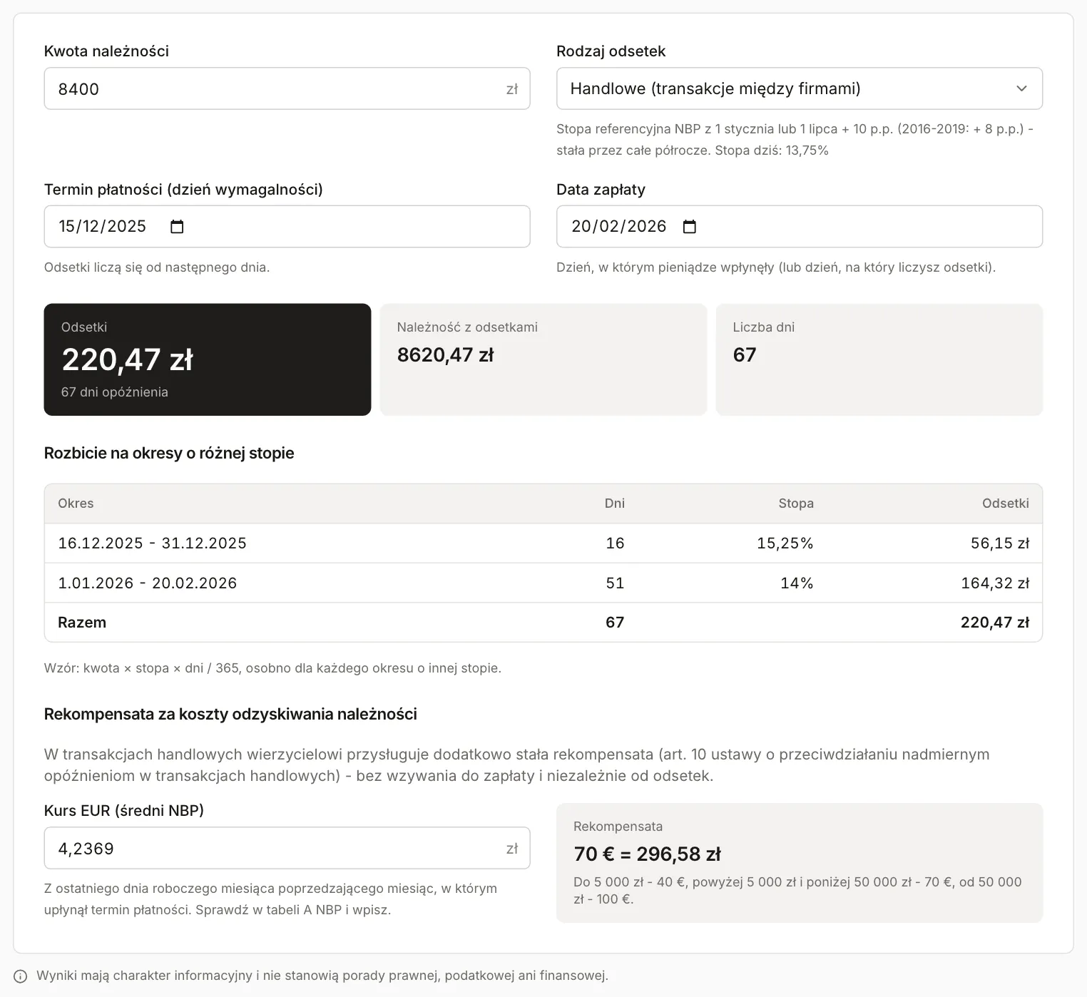 Kalkulator odsetek ustawowych: odsetki handlowe od 8 400 zł, termin 15.12.2025, zapłata 20.02.2026, dwa okresy i rekompensata 70 € = 296,58 zł