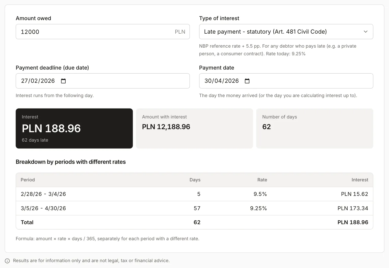 Late payment interest calculator: Art. 481 interest on PLN 12,000, due 27 Feb 2026, paid 30 Apr 2026, split into periods before and after 5 March 2026