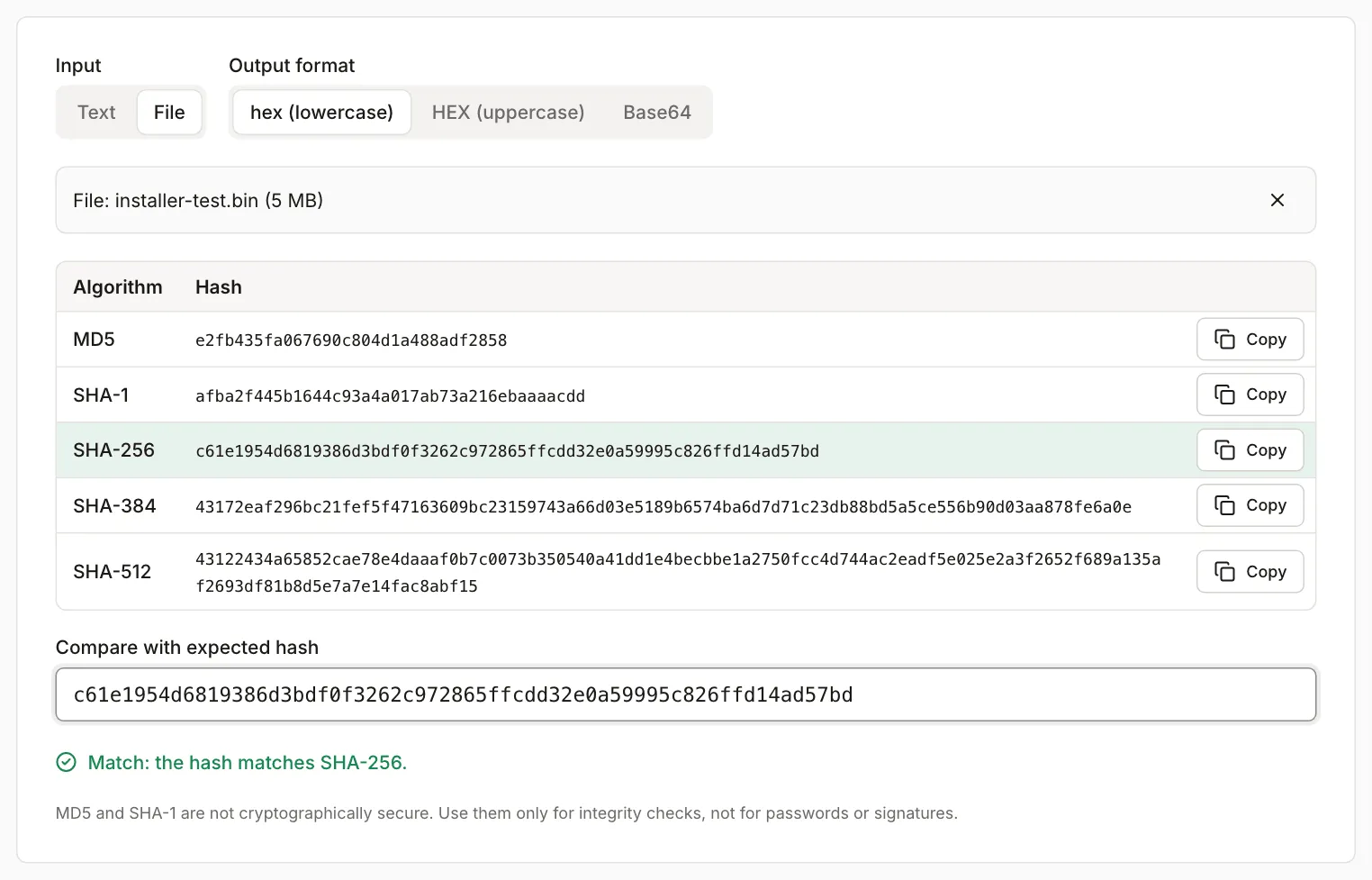 Hash generator with the test file installer-test.bin loaded: the SHA-256 hash matches the pasted one and its row is highlighted green