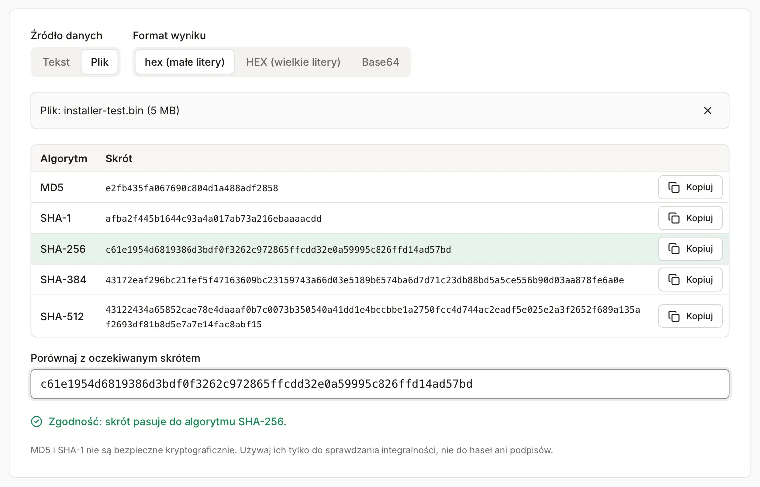 Generator hash z plikiem testowym installer-test.bin: skrót SHA-256 pasuje do wklejonego, wiersz jest podświetlony na zielono