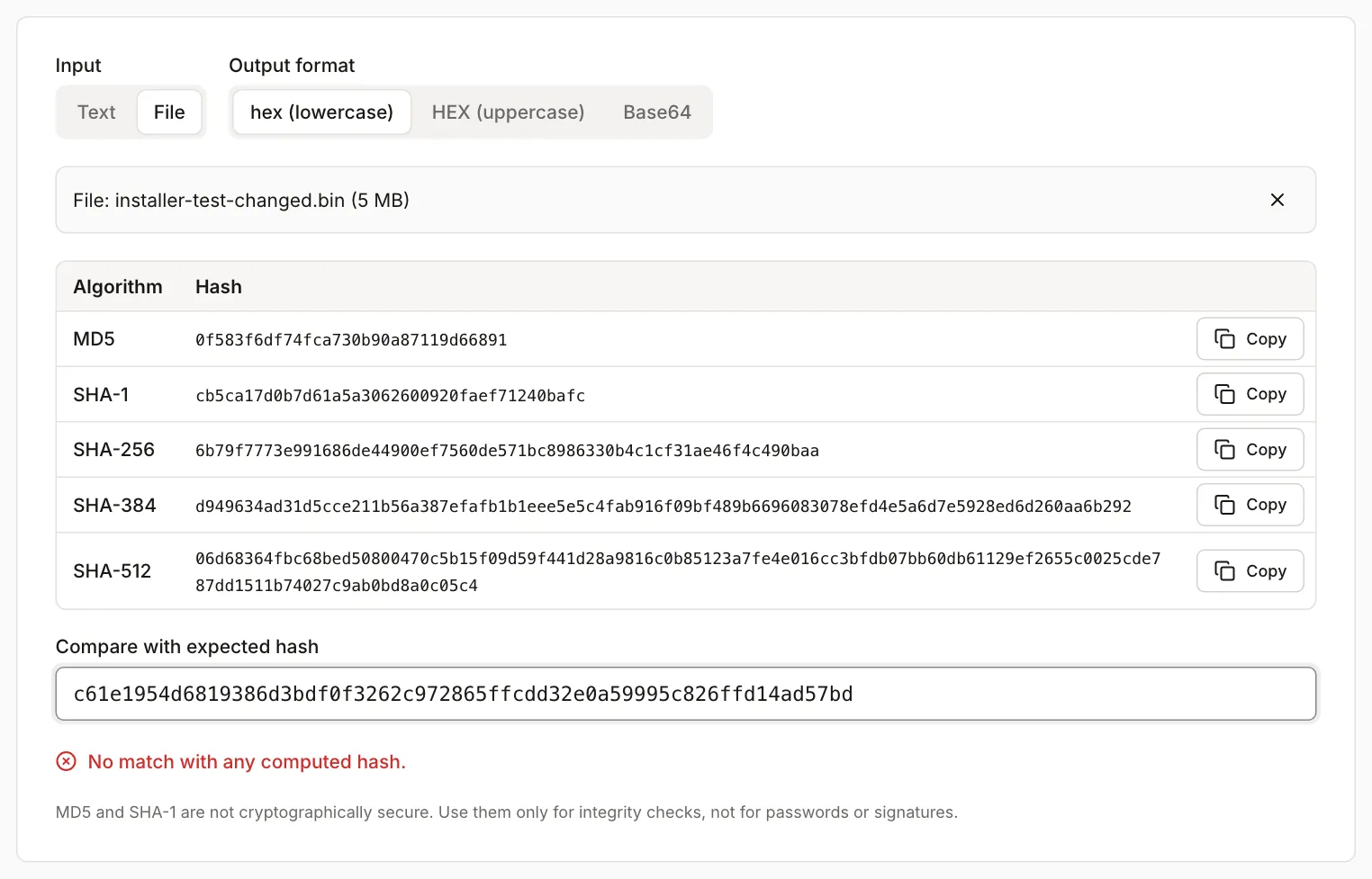 Hash generator with installer-test-changed.bin loaded: the hash of the first file is pasted and a red message says there is no match