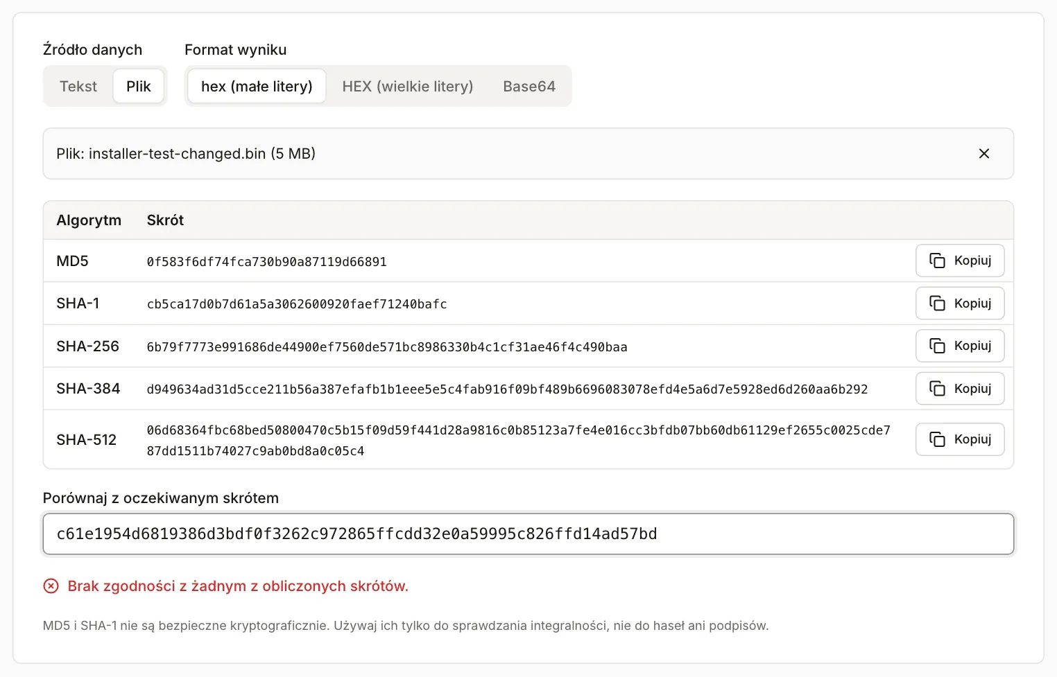 Generator hash z plikiem installer-test-changed.bin: wklejony skrót pierwszego pliku, komunikat o braku zgodności na czerwono
