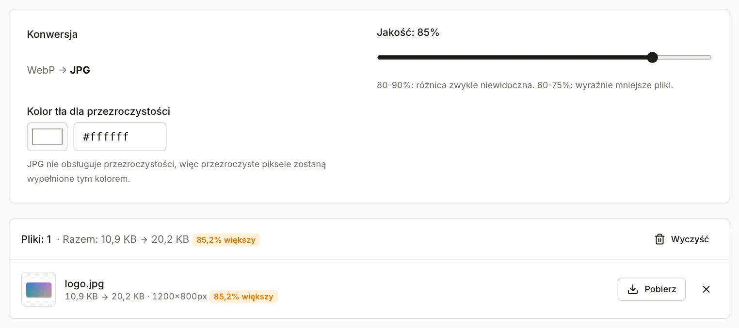 Narzędzie WebP na JPG po zamianie grafiki z przezroczystym tłem: ustawienie koloru tła na biały, jakość 85%, plik 10,9 KB zmienił się w JPG o wadze 20,2 KB