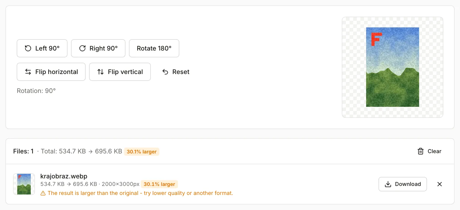The Rotate image tool after turning a WebP file 90 degrees right: the preview shows an upright landscape with the letter F in the top left corner, result 2000×3000 px